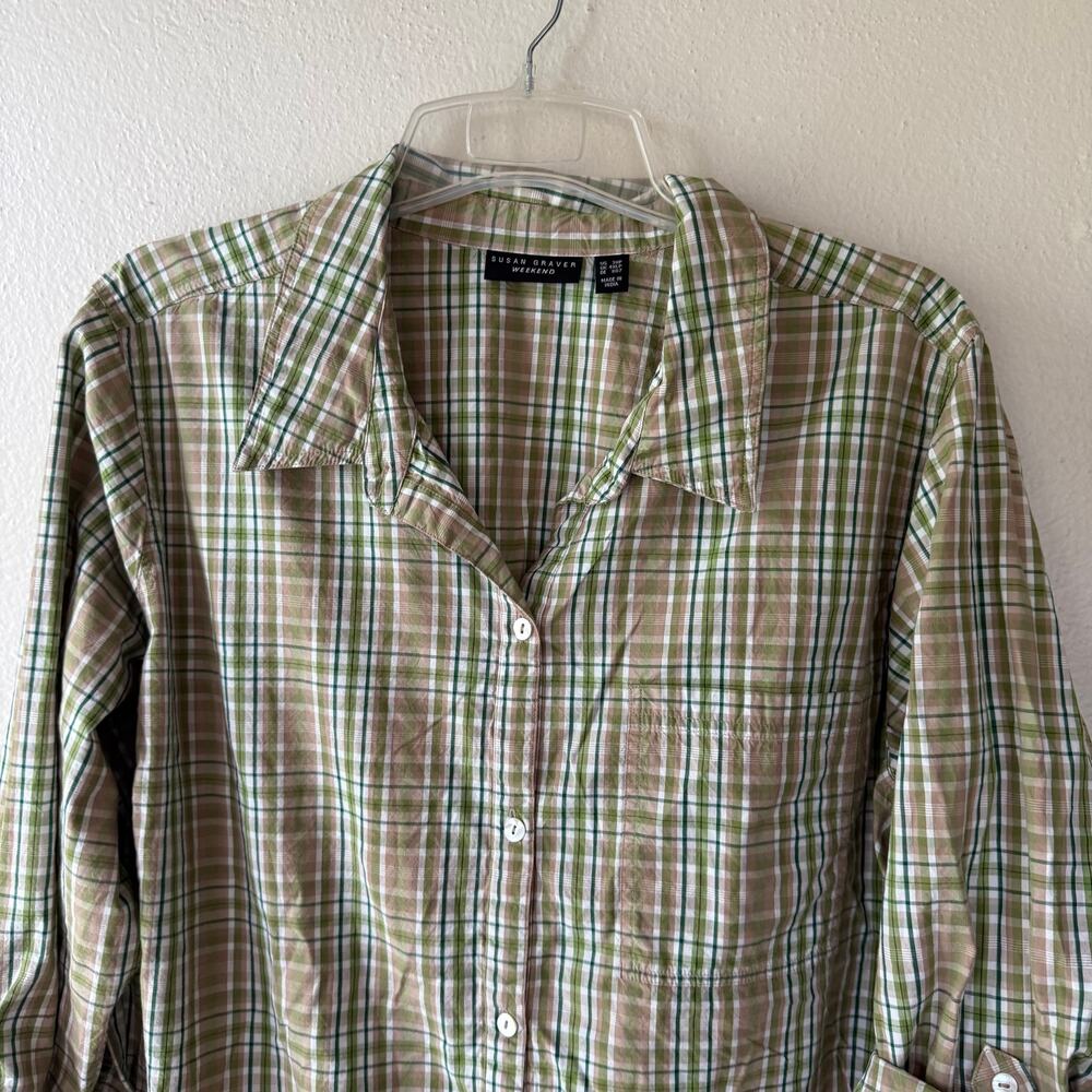 Susan Graver Oversized green plaid shirt size 3X/P Green White front pocket - Picture 3 of 10